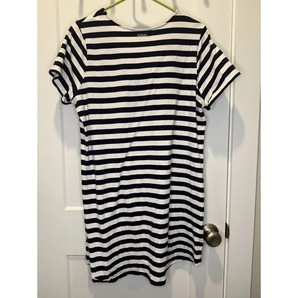 MICHAEL KORS Nautical Women’s 1X Blue & White Striped Dress Short Sleeve V Neck